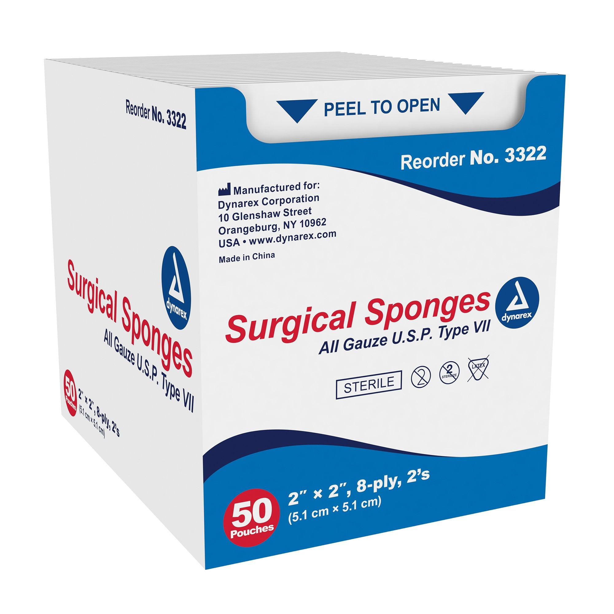 Gauze Sponge Dynarex 2 X 2 Inch 8-Ply Sterile 2 per Pack, Packaging Type- Box