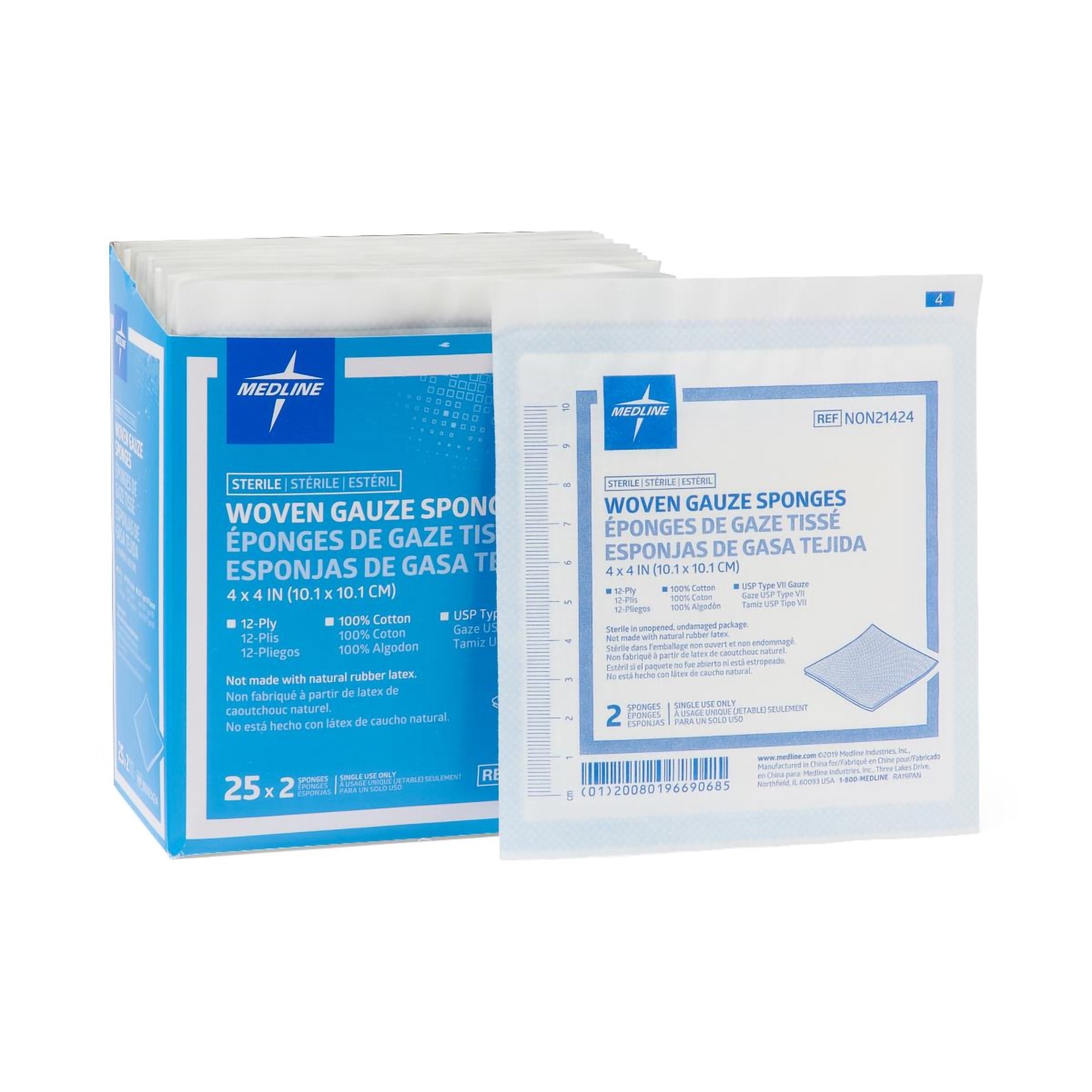 Gauze Sponge Medline 4 X 4 Inch 12-Ply Sterile 2 per Pack, Packaging Type- Box