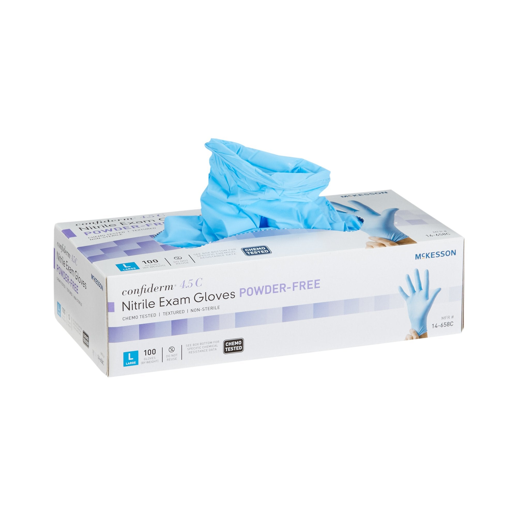 Exam Glove McKesson Confiderm® 4.5C Large NonSterile Nitrile Standard Cuff Length Textured Fingertips Blue Chemo Tested