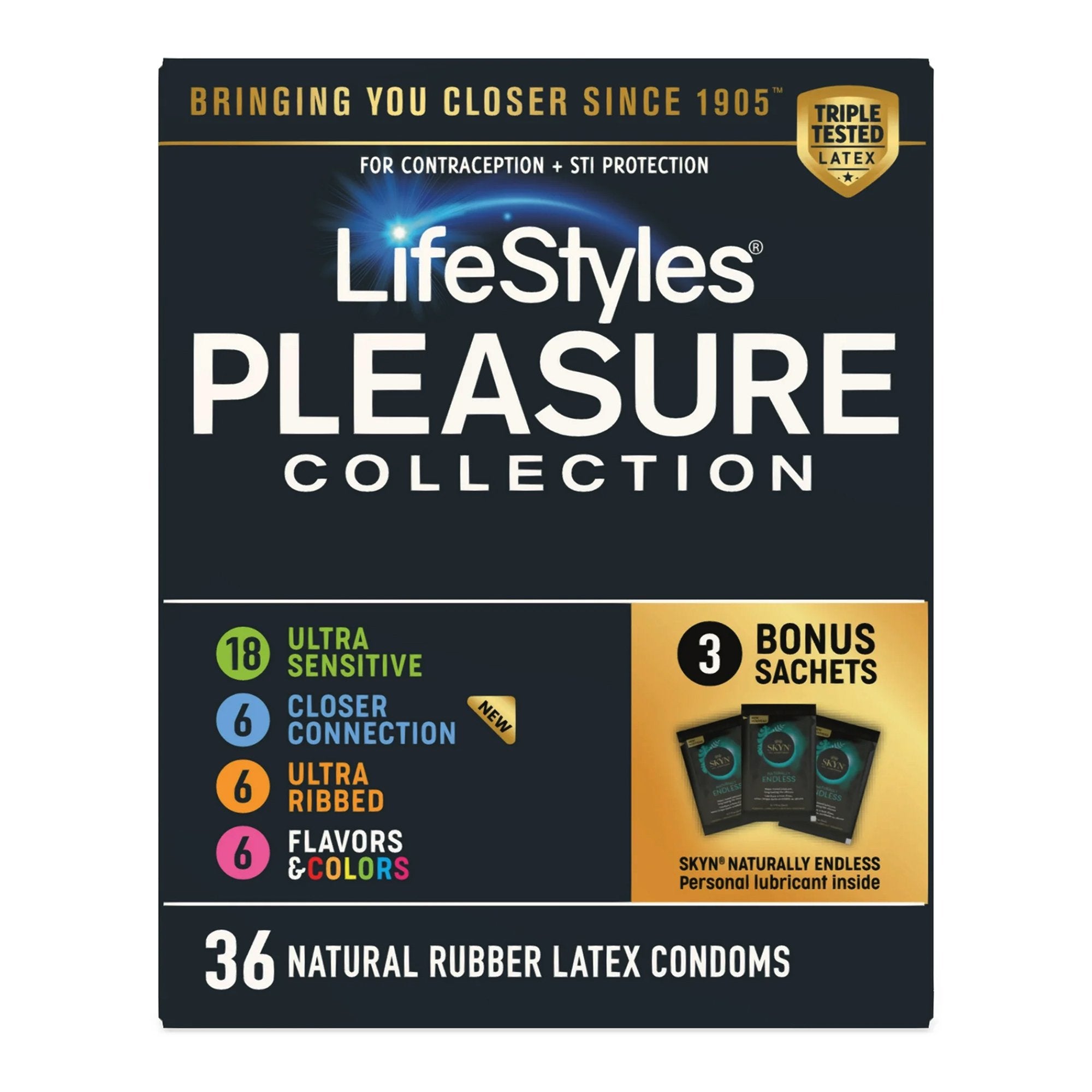 Condom Variety Pack Lifestyles® Pleasure Collection Lubricated One Size Fits Most 36 Per Box