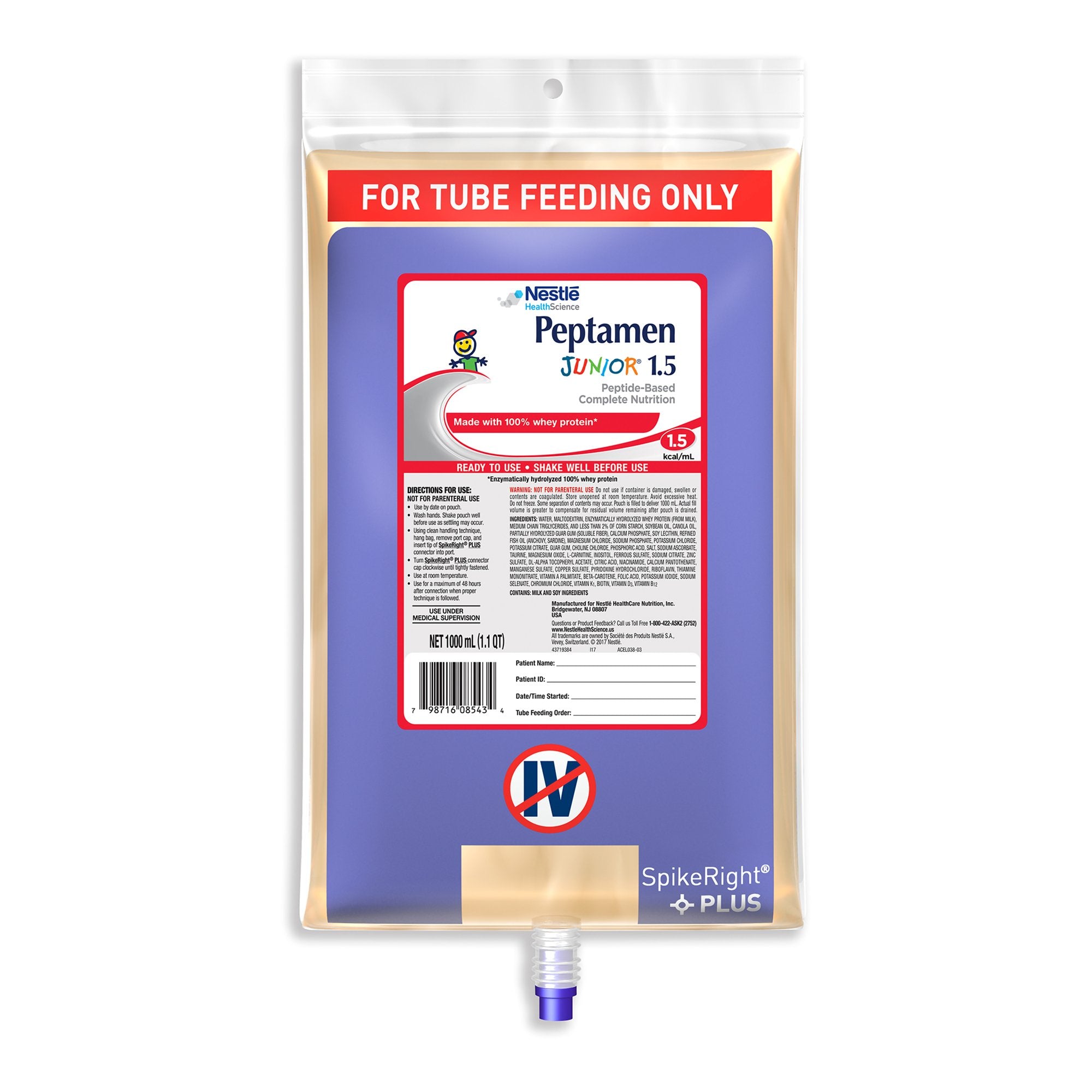 Pediatric Tube Feeding Formula Peptamen Junior 1.5 Unflavored 1000 mL Bag Liquid Whey Protein Impaired GI Function, Packaging Type- Case