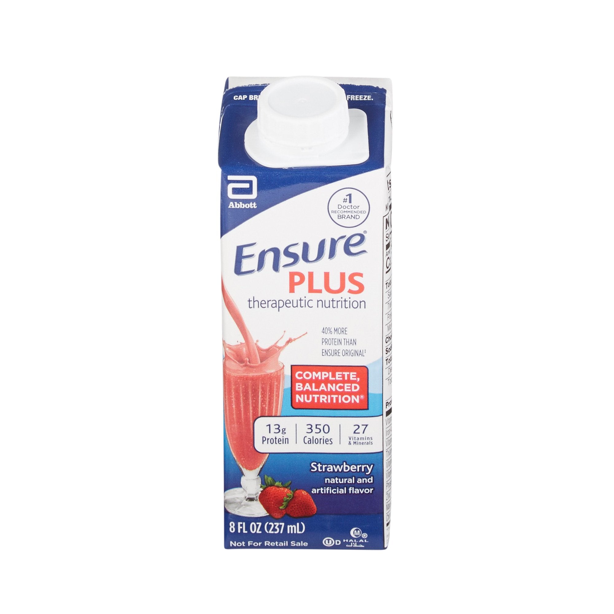 Oral Supplement Ensure Plus Therapeutic Nutrition Strawberry Flavor Liquid 8 oz. Reclosable Carton, Packaging Type- Case