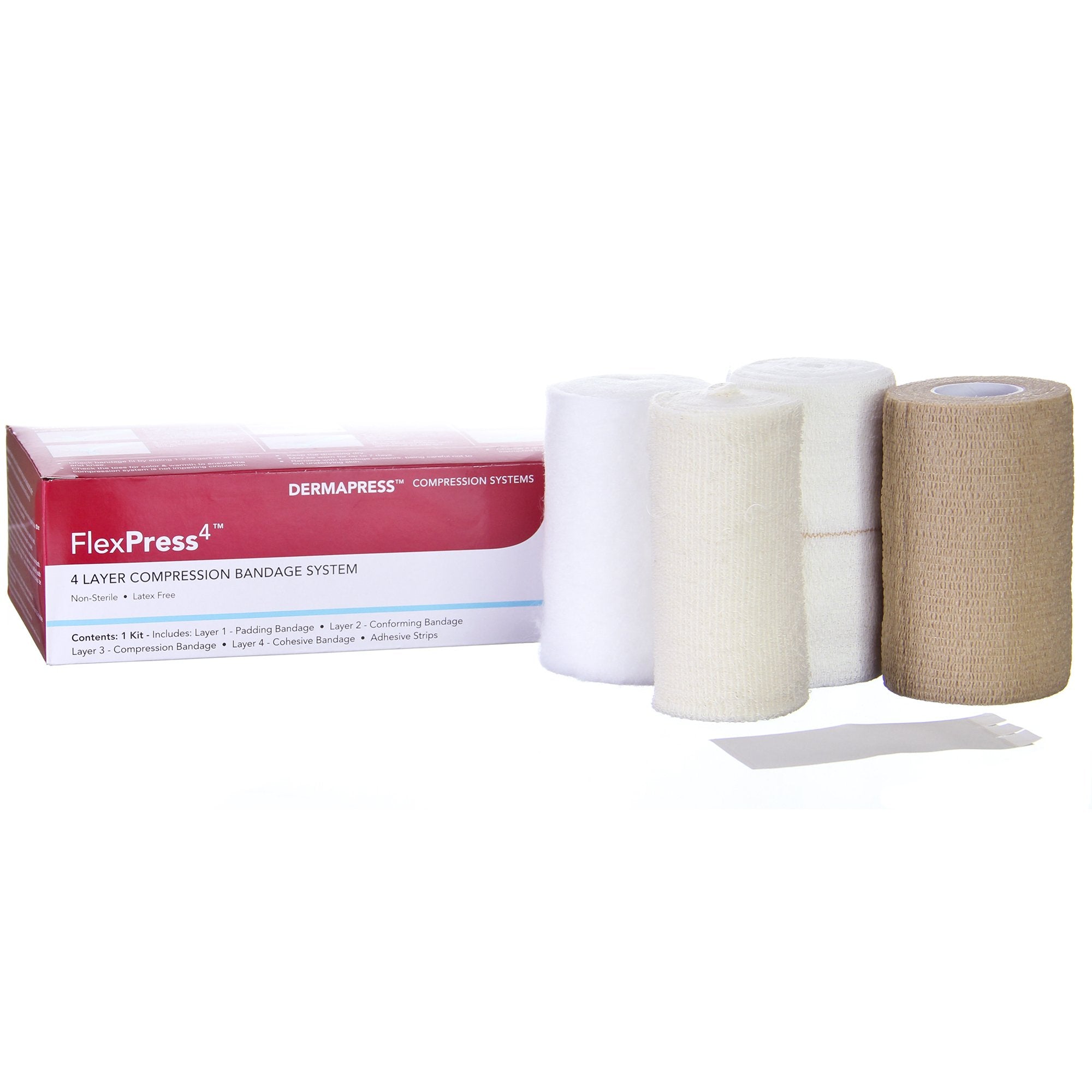 4 Layer Compression Bandage System FlexPress4 Multiple Sizes Self-Adherent / Tape Closure Tan / White NonSterile Standard Compression, Packaging Type- Box