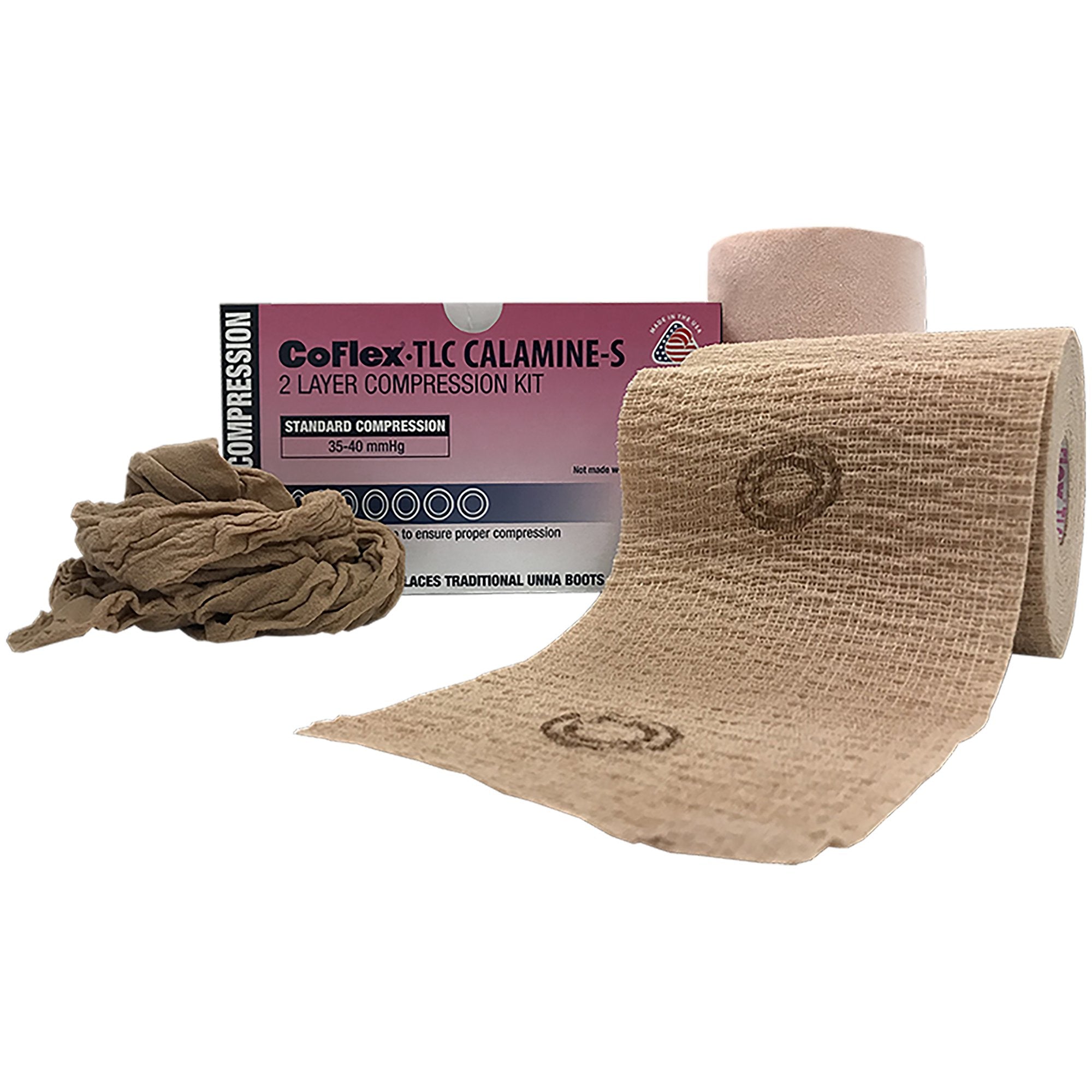 2 Layer Compression Bandage System CoFlex TLC Calamine with Indicators 4 Inch X 6 Yard / 4 Inch X 7 Yard Self-Adherent / Pull On Closure Tan NonSterile 35 to 40 mmHg, Packaging Type- Box