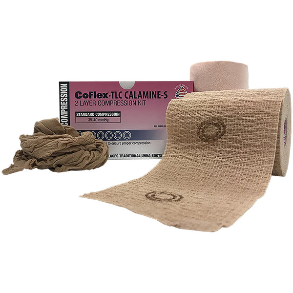 2 Layer Compression Bandage System CoFlex TLC Calamine with Indicators 4 Inch X 6 Yard / 4 Inch X 7 Yard Self Adherent / Pull On Closure Tan NonSterile 35 to 40 mmHg