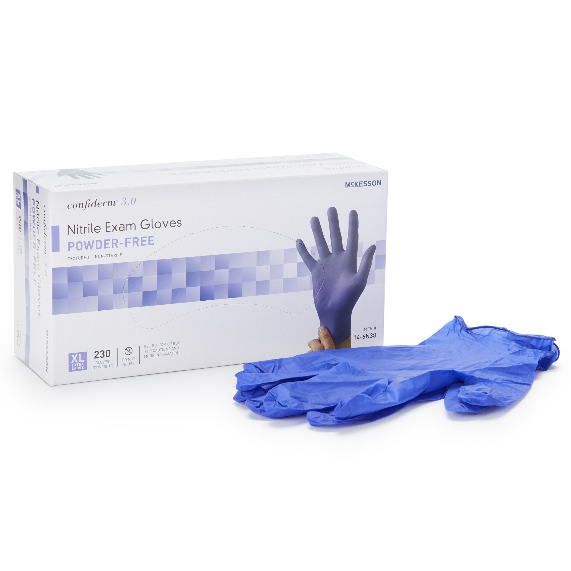 Exam Glove McKesson Confiderm 3.0 X-Large NonSterile Nitrile Standard Cuff Length Textured Fingertips Blue Not Rated, Packaging Type- Case