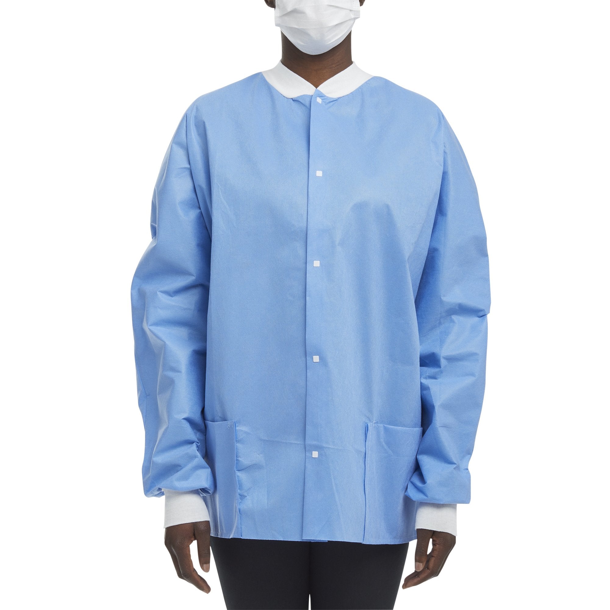 Lab Jacket Blue Large Hip Length 3-Layer SMS Disposable, Packaging Type- Case