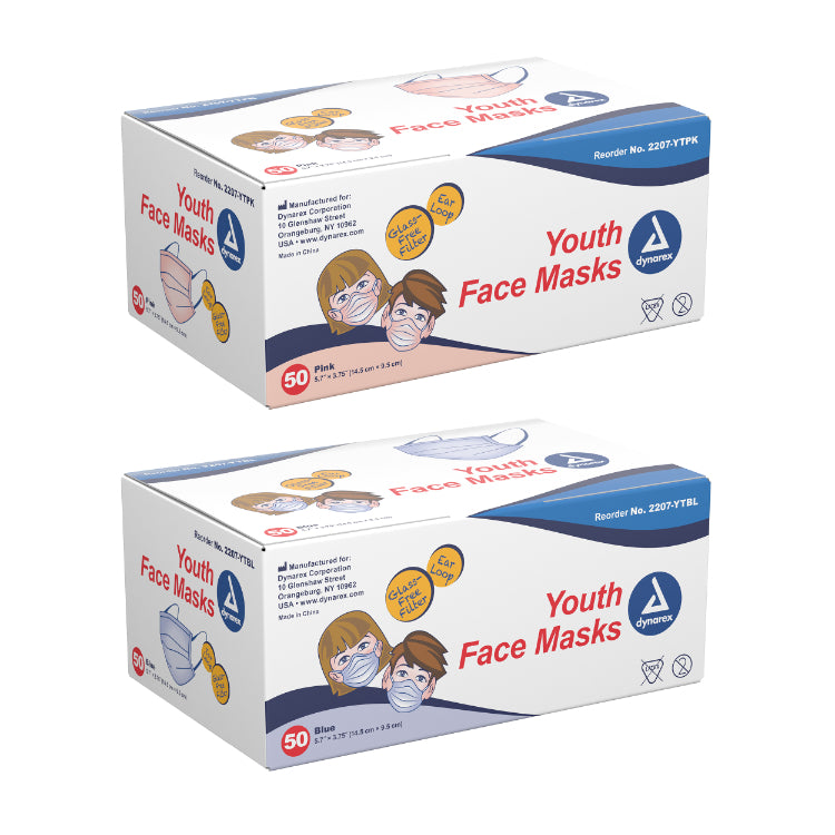 Dynarex Youth Face Masks, Kids Disposable Face Mask with Glass Free Filter & Nose Wire, Pack of 12 Box per Case