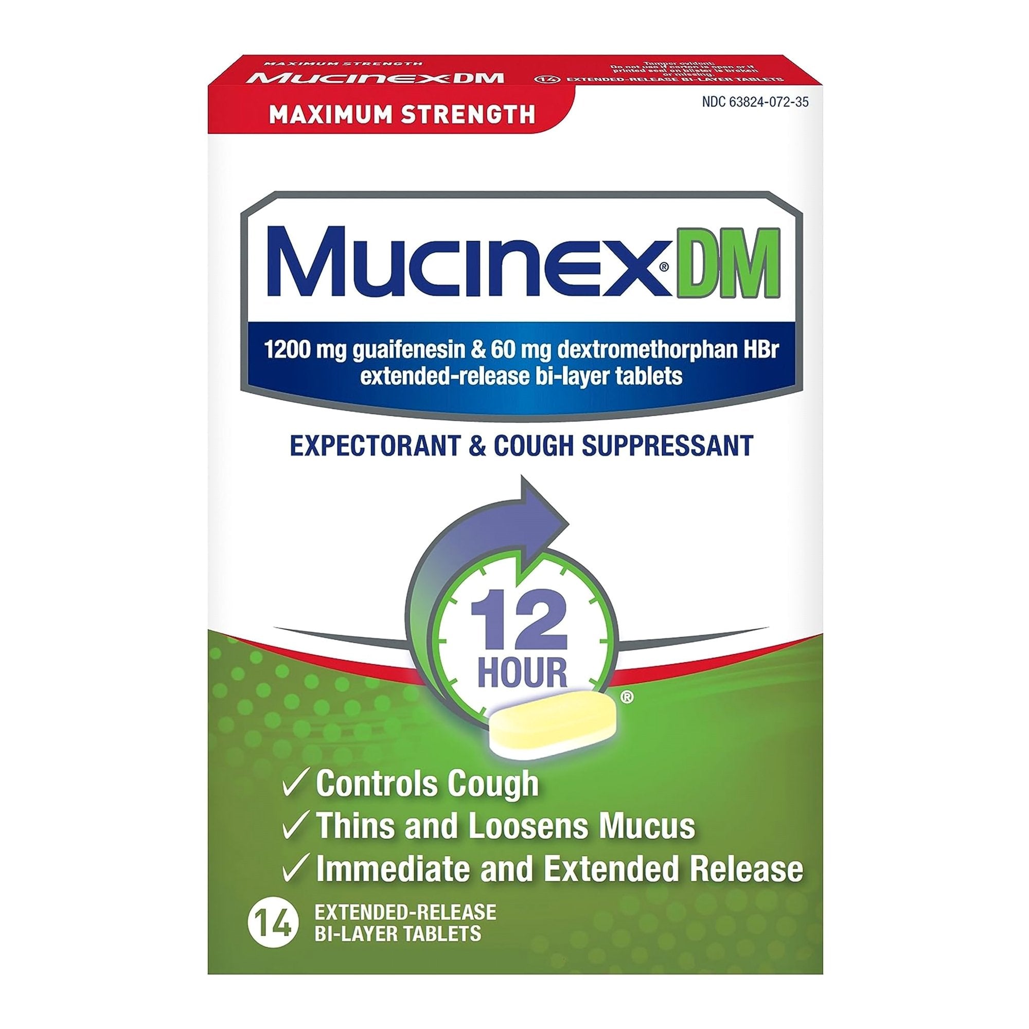 Cold and Cough Relief Mucinex DM 1,200 mg - 60 mg Strength Tablet 14 per Box, Packaging Type- Box