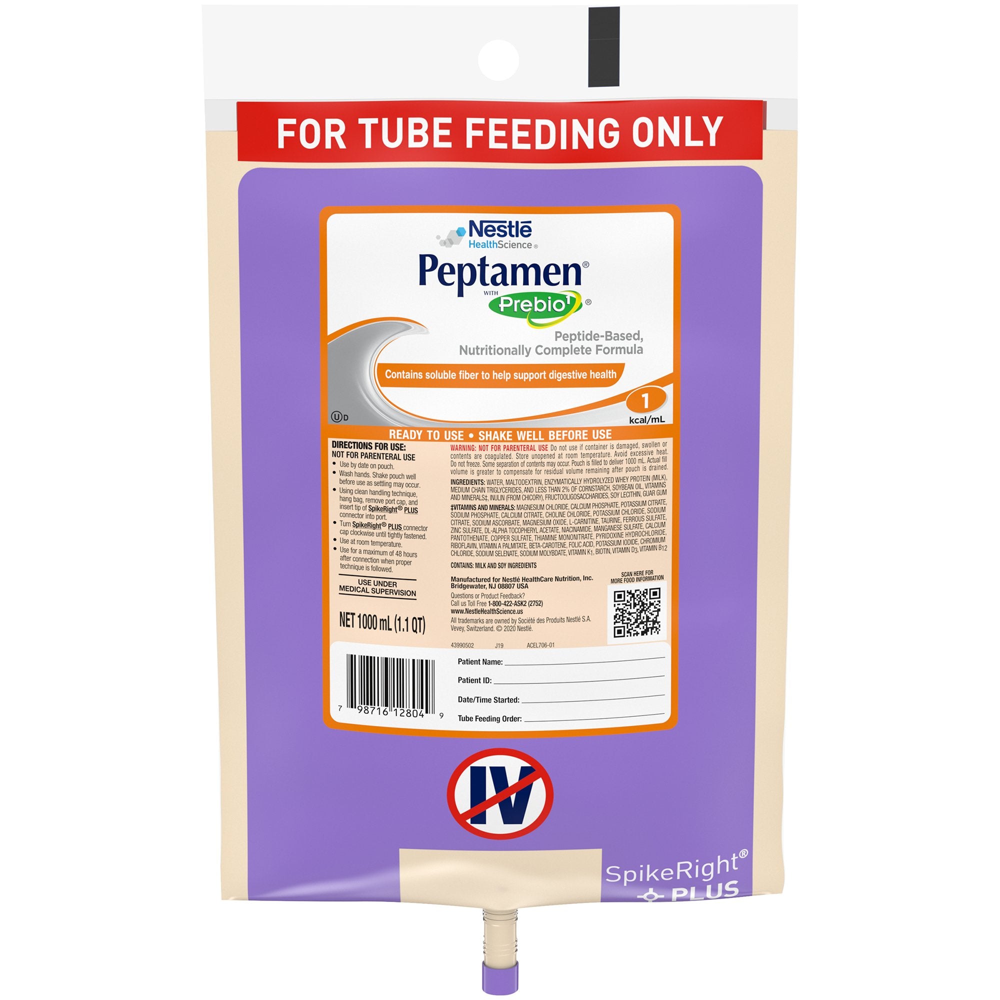 Tube Feeding Formula Peptamen with Prebio 1 Unflavored Liquid 1000 mL Ready to Hang Prefilled Container, Packaging Type- Case