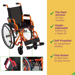 Ziggo Lightweight Wheelchair with Flip Back Armrest and swing-away footrests or elevating leg rests ,150 lbs Weight Capacity ,18x17inch ,ZG1200