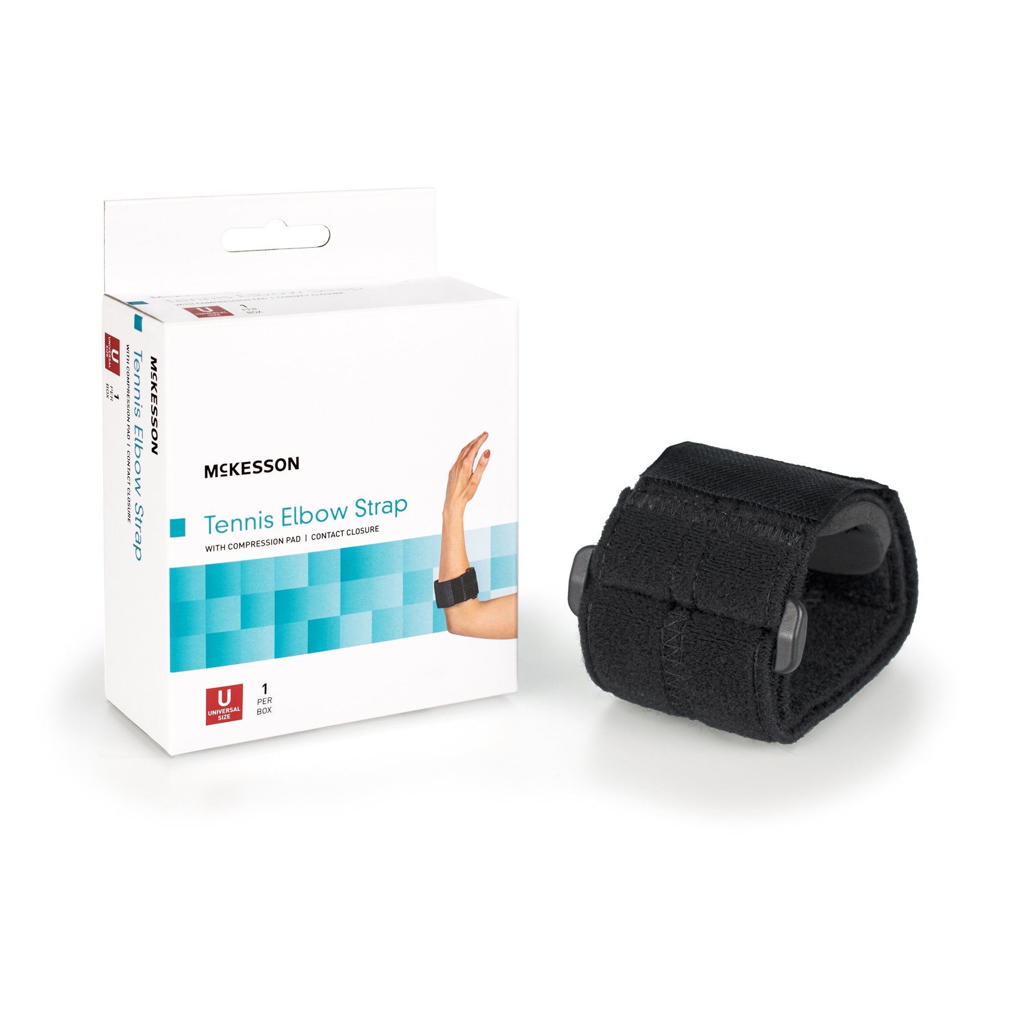 Elbow Support Strap McKesson One Size Fits Most Hook and Loop with D Ring Tennis / Golf Left or Right Elbow Up to 18 Inch Circumference Black, Packaging Type- Each