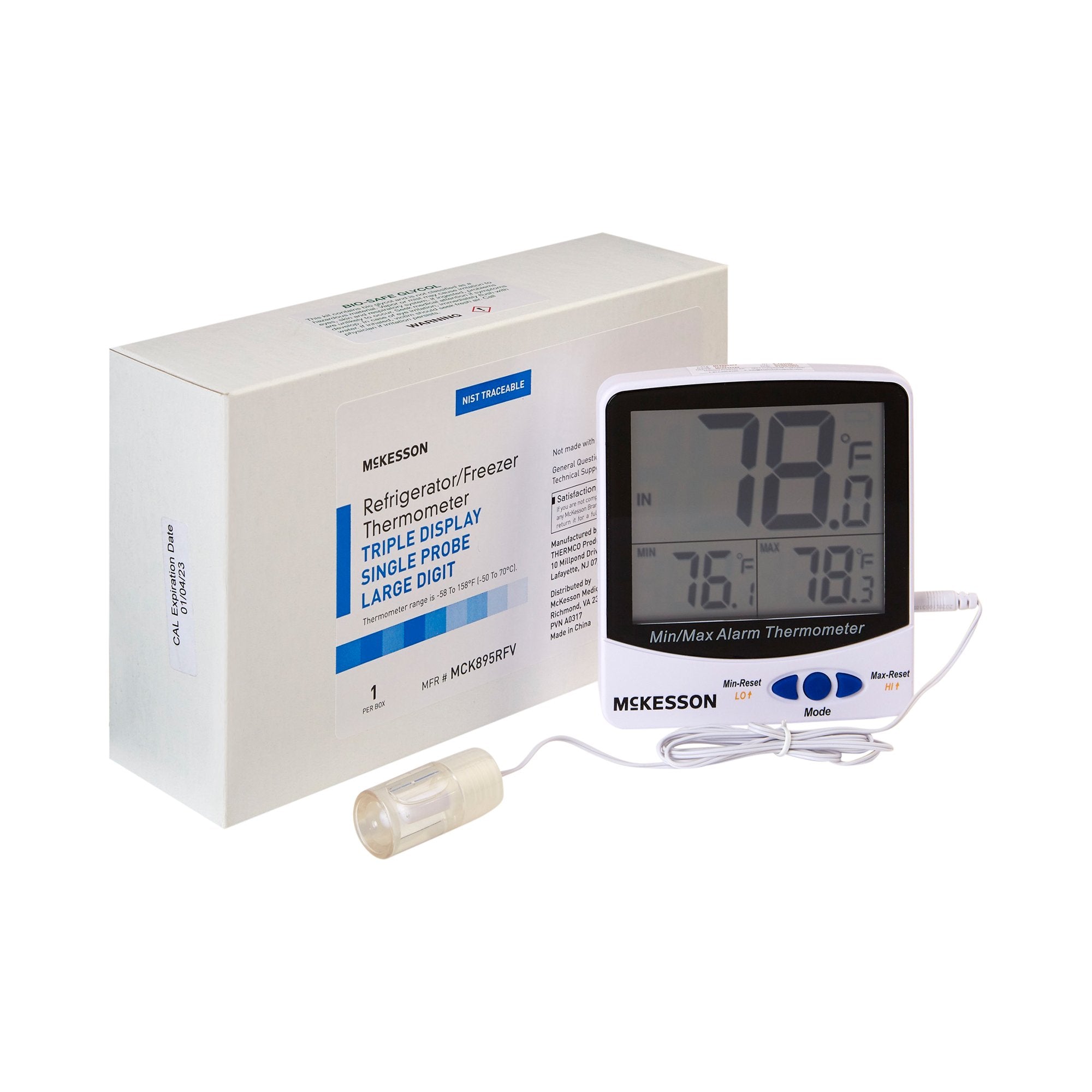 Digital Refrigerator / Freezer Thermometer with Alarm McKesson Fahrenheit / Celsius -58Degree to +158DegreeF (-50Degree to +70DegreeC) Glycol Bottle Probe / Internal Sensor Multiple Mounting Options Battery Operated, Packaging Type- Each