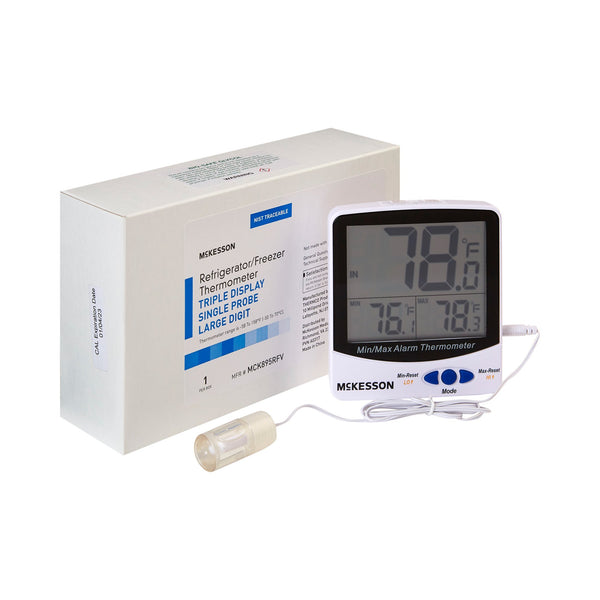 Digital Refrigerator / Freezer Thermometer with Alarm McKesson Fahrenheit / Celsius  58° to +158°F ( 50° to +70°C) Glycol Bottle Probe / Internal Sensor Multiple Mounting Options Battery Operated