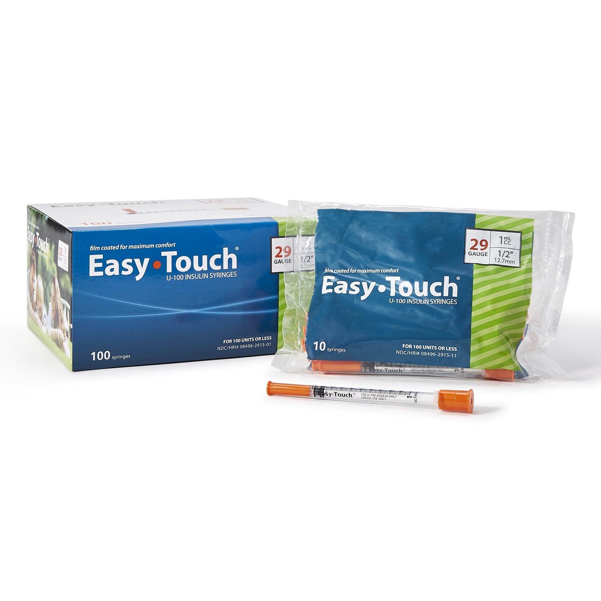 Standard Insulin Syringe with Needle EasyTouch 1 mL 1/2 Inch 29 Gauge NonSafety Thin Wall, Packaging Type- Box