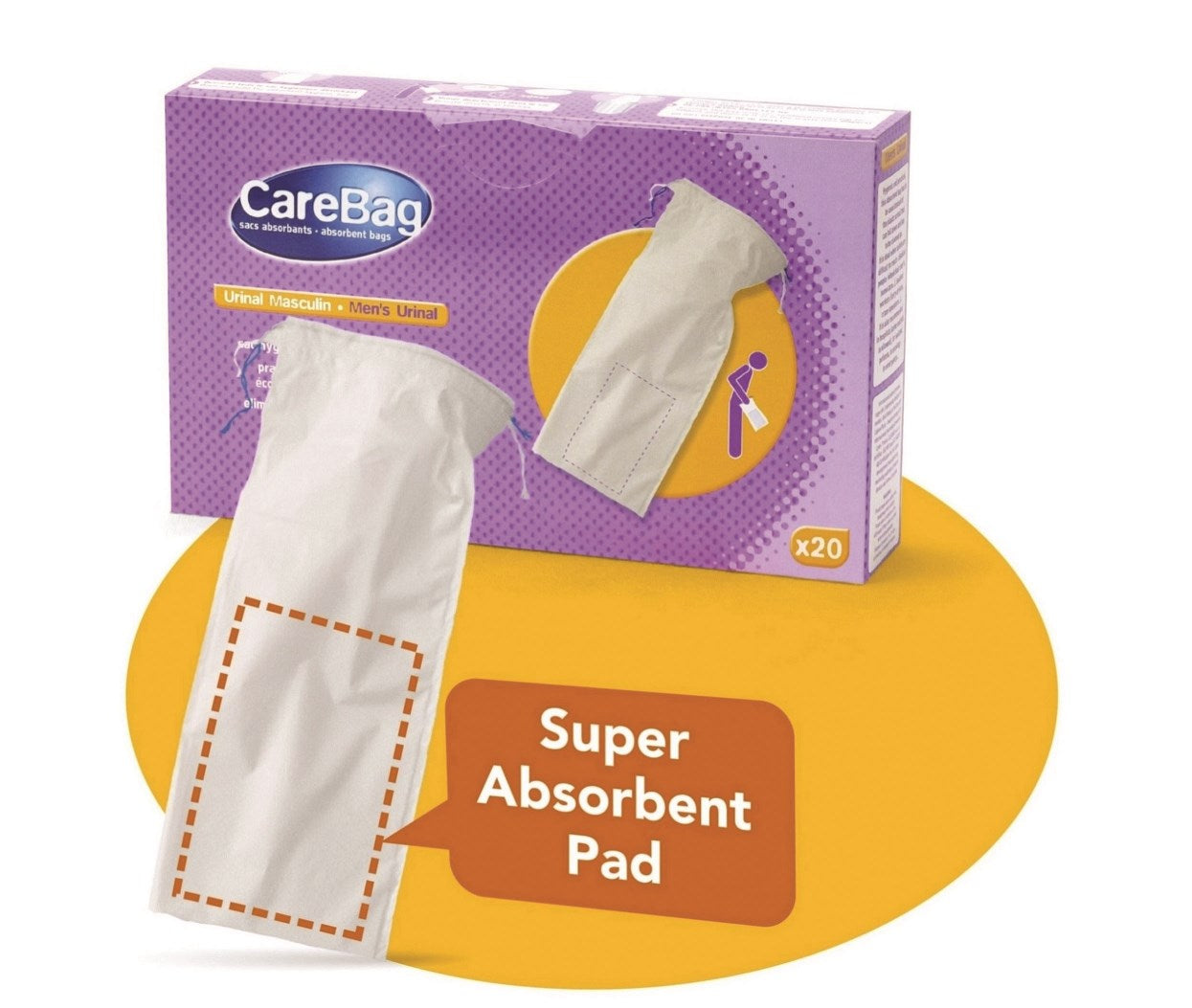 Carebag Men's Urinal Bag W/super Absorb Pad Box/20 - All Care Store 